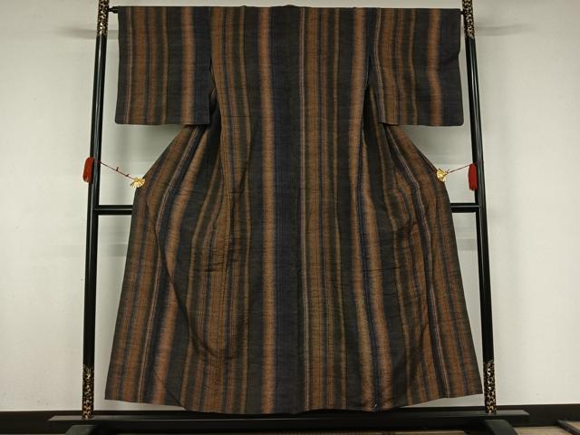 平和屋着物▽上質な紬　単衣　縞　正絹　逸品　AABJ9824jh