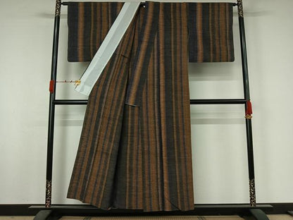 平和屋着物▽上質な紬　単衣　縞　正絹　逸品　AABJ9824jh
