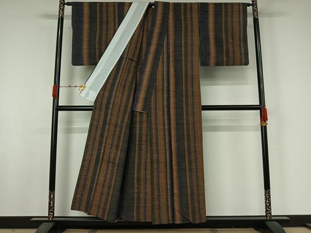 平和屋着物▽上質な紬　単衣　縞　正絹　逸品　AABJ9824jh