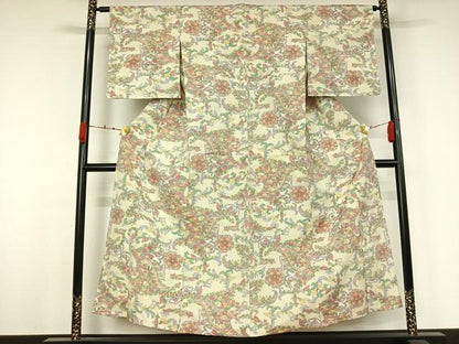 平和屋着物▽上質な紬　単衣　雪輪花文　正絹　逸品　AABJ9827jh