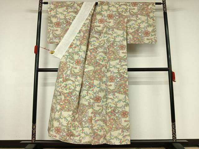 平和屋着物▽上質な紬　単衣　雪輪花文　正絹　逸品　AABJ9827jh