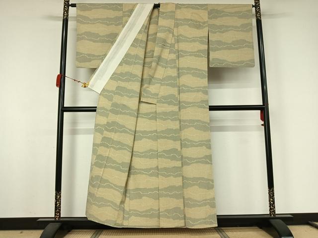 平和屋着物▽お召 単衣 横段文 正絹 逸品 AABJ9829jh