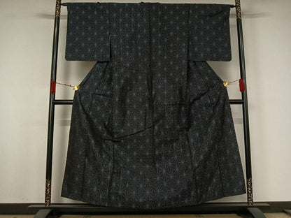 平和屋着物▽上質な紬　単衣　麻の葉文様　正絹　逸品　AABJ9831jh