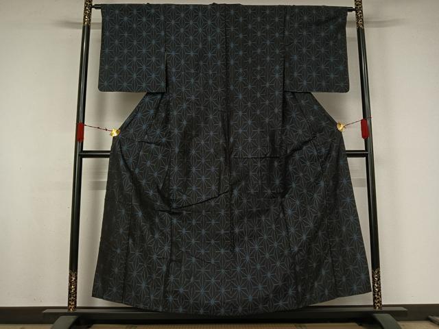 平和屋着物▽上質な紬　単衣　麻の葉文様　正絹　逸品　AABJ9831jh