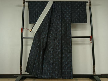 平和屋着物▽上質な紬　単衣　麻の葉文様　正絹　逸品　AABJ9831jh