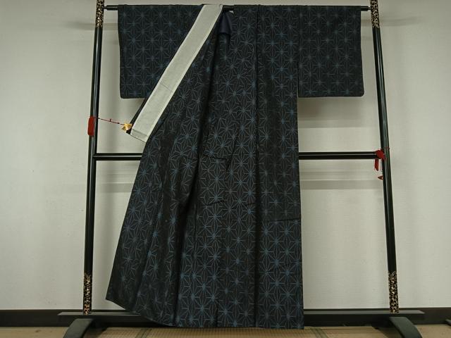 平和屋着物▽上質な紬　単衣　麻の葉文様　正絹　逸品　AABJ9831jh