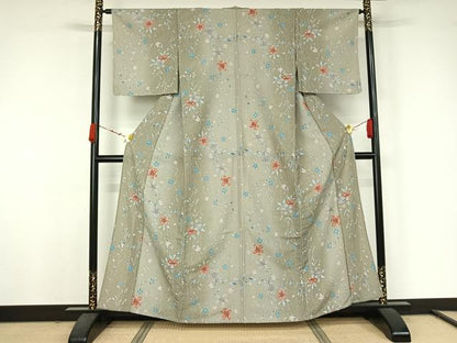 平和屋着物▽小紋　単衣　草花文　金彩　洗える着物　未使用　AABJ9834jh