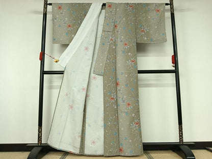 平和屋着物▽小紋　単衣　草花文　金彩　洗える着物　未使用　AABJ9834jh