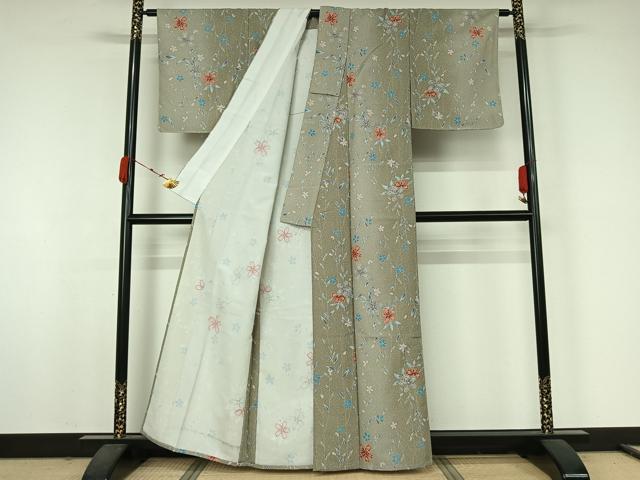 平和屋着物▽小紋　単衣　草花文　金彩　洗える着物　未使用　AABJ9834jh