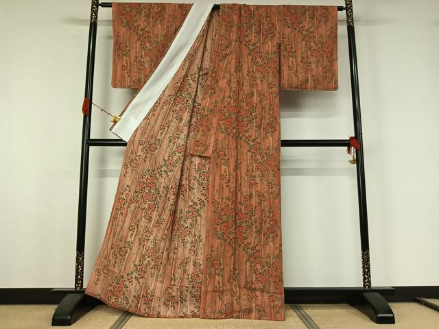 平和屋着物▽小紋　単衣　草花文　洗える着物　未使用　AABJ9838jh