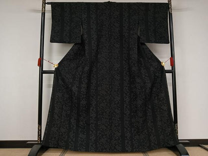平和屋着物▽小紋　単衣　花唐草文　黒地　洗える着物　AABJ9840jh