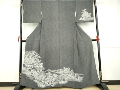 平和屋着物●江戸小紋　訪問着　鮫小紋柄　風景文　黒地　正絹　逸品　AABJ9848cs