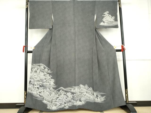 平和屋着物●江戸小紋　訪問着　鮫小紋柄　風景文　黒地　正絹　逸品　AABJ9848cs