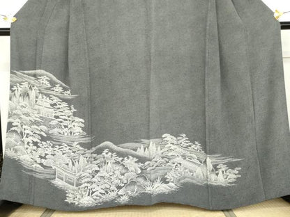 平和屋着物●江戸小紋　訪問着　鮫小紋柄　風景文　黒地　正絹　逸品　AABJ9848cs