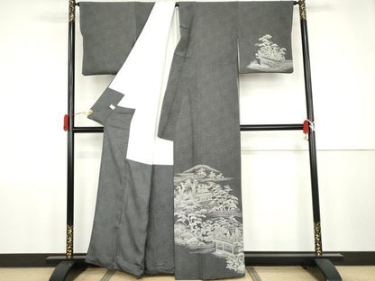 平和屋着物●江戸小紋　訪問着　鮫小紋柄　風景文　黒地　正絹　逸品　AABJ9848cs