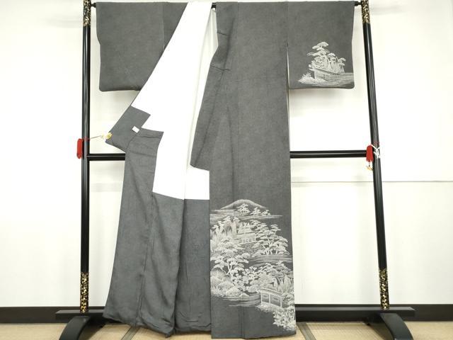 平和屋着物●江戸小紋　訪問着　鮫小紋柄　風景文　黒地　正絹　逸品　AABJ9848cs