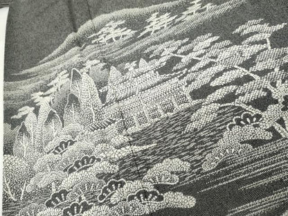 平和屋着物●江戸小紋　訪問着　鮫小紋柄　風景文　黒地　正絹　逸品　AABJ9848cs