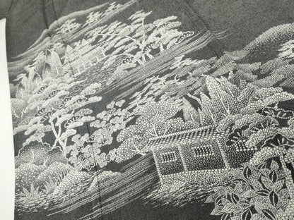 平和屋着物●江戸小紋　訪問着　鮫小紋柄　風景文　黒地　正絹　逸品　AABJ9848cs