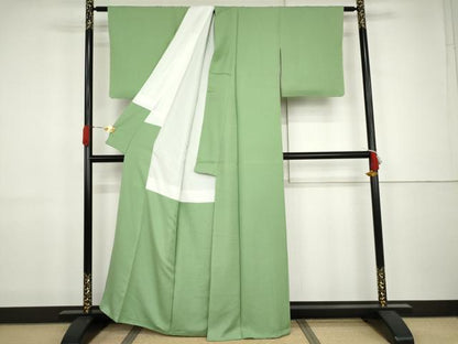 平和屋着物●本加賀友禅作家　毎田健治　色無地　浅緑色　反端付き　正絹　逸品　AABJ9863cs