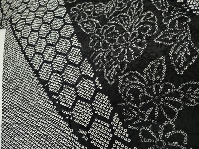 平和屋着物●訪問着　総絞り　亀甲草花文　黒地　正絹　逸品　AABJ9872cs