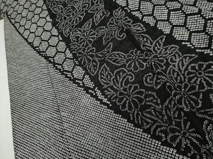平和屋着物●訪問着　総絞り　亀甲草花文　黒地　正絹　逸品　AABJ9872cs