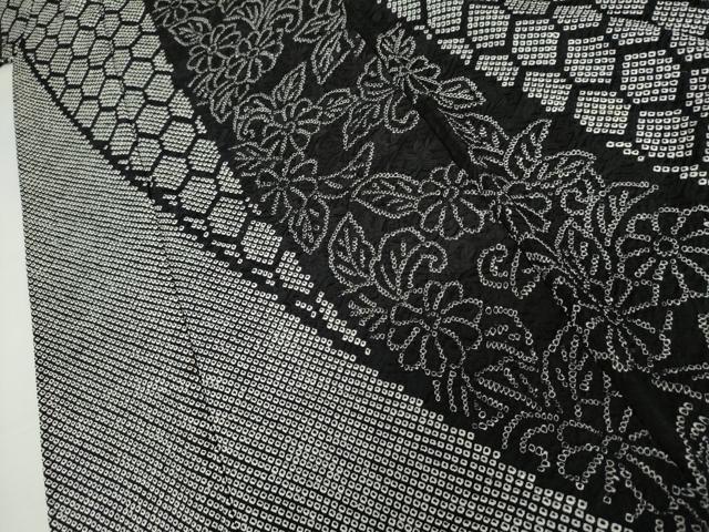 平和屋着物●訪問着　総絞り　亀甲草花文　黒地　正絹　逸品　AABJ9872cs