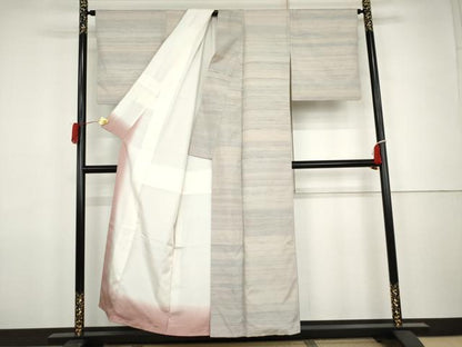 平和屋着物●紅花紬　米沢　霞横段文　正絹　逸品　AABJ9877cs