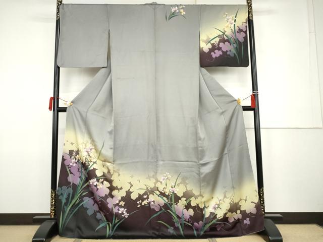 平和屋着物●訪問着　枠風情　枝花文　蔦の葉シルエット　暈し染め　銀彩　ロング丈　正絹　逸品　AABJ9881cs