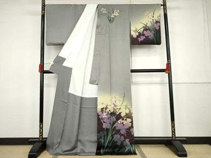 平和屋着物●訪問着　枠風情　枝花文　蔦の葉シルエット　暈し染め　銀彩　ロング丈　正絹　逸品　AABJ9881cs