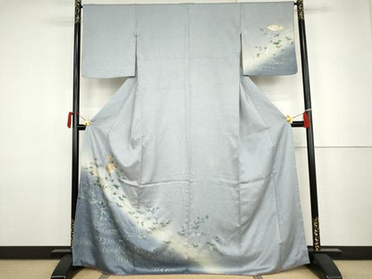 平和屋着物●訪問着　駒刺繍　流水飾花枝葉文　暈し染め　金銀彩　正絹　逸品　AABJ9883cs