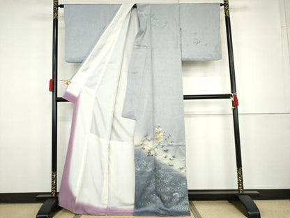 平和屋着物●訪問着　駒刺繍　流水飾花枝葉文　暈し染め　金銀彩　正絹　逸品　AABJ9883cs