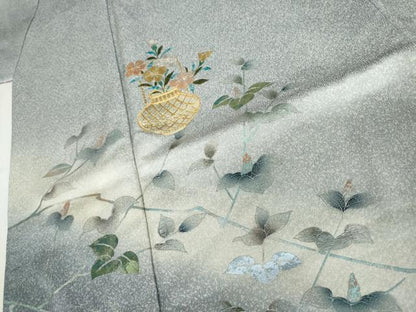平和屋着物●訪問着　駒刺繍　流水飾花枝葉文　暈し染め　金銀彩　正絹　逸品　AABJ9883cs