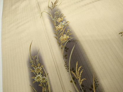 平和屋着物●訪問着　手描き　駒刺繍　草花文　暈し染め　金彩　正絹　逸品　AABJ9887cs
