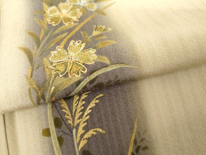 平和屋着物●訪問着　手描き　駒刺繍　草花文　暈し染め　金彩　正絹　逸品　AABJ9887cs
