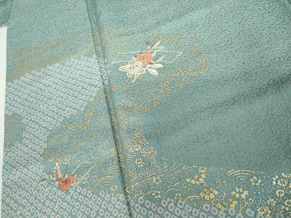 平和屋着物●訪問着　駒刺繍　流水に橘　金糸　金彩　正絹　逸品　AABJ9924cs