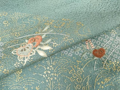 平和屋着物●訪問着　駒刺繍　流水に橘　金糸　金彩　正絹　逸品　AABJ9924cs