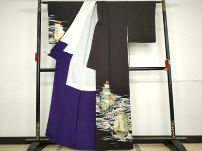 平和屋着物●訪問着　手描き　南蛮船　金銀彩　正絹　逸品　AABJ9925cs