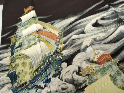 平和屋着物●訪問着　手描き　南蛮船　金銀彩　正絹　逸品　AABJ9925cs