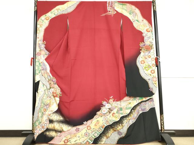 平和屋着物●豪華振袖　駒刺繍　花楽器文　暈し染め　金銀彩　正絹　逸品　AABJ9930cs