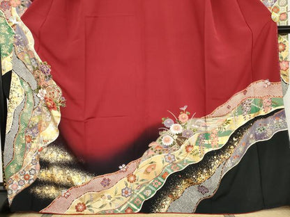 平和屋着物●豪華振袖　駒刺繍　花楽器文　暈し染め　金銀彩　正絹　逸品　AABJ9930cs