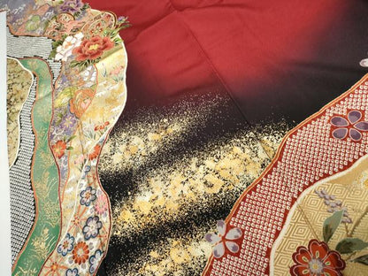 平和屋着物●豪華振袖　駒刺繍　花楽器文　暈し染め　金銀彩　正絹　逸品　AABJ9930cs
