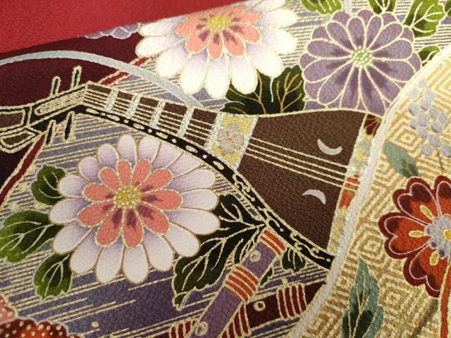 平和屋着物●豪華振袖　駒刺繍　花楽器文　暈し染め　金銀彩　正絹　逸品　AABJ9930cs