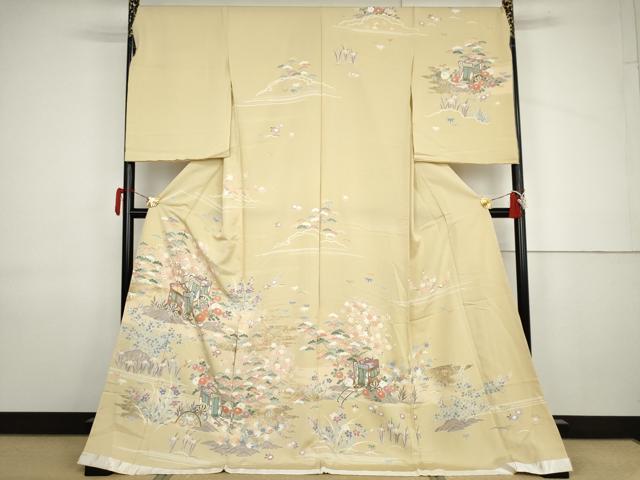 平和屋着物●訪問着　御所車草花文　金彩　仮絵羽　正絹　逸品　未使用　AABJ9938cs