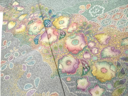 平和屋着物●訪問着　辻が花　雪輪重ね草花文　金彩　正絹　逸品　AABJ9945cs
