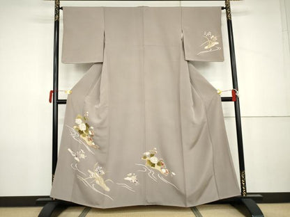平和屋着物●訪問着　刺繍　流水花文　金彩　正絹　逸品　AABJ9947cs