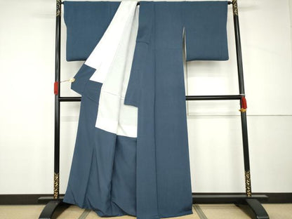 平和屋着物●上質な色無地　藍色　鬼しぼ縮緬　正絹　逸品　AABJ9955cs