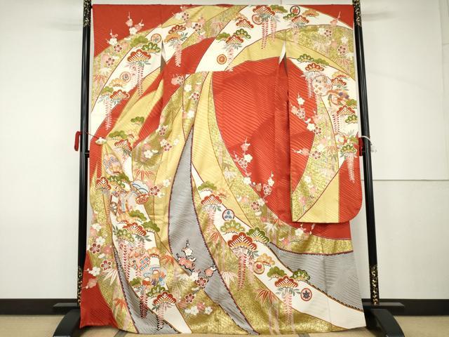 平和屋着物●豪華振袖　駒刺繍　雪輪吉祥鴛鴦花文　金彩　正絹　逸品　AABJ9957cs