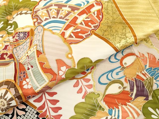 平和屋着物●豪華振袖　駒刺繍　雪輪吉祥鴛鴦花文　金彩　正絹　逸品　AABJ9957cs