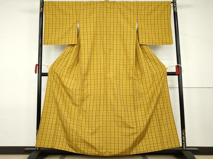 平和屋着物●黄八丈　紬　平織　格子　正絹　逸品　AABJ9958cs