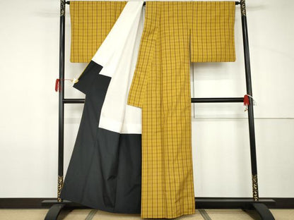 平和屋着物●黄八丈　紬　平織　格子　正絹　逸品　AABJ9958cs